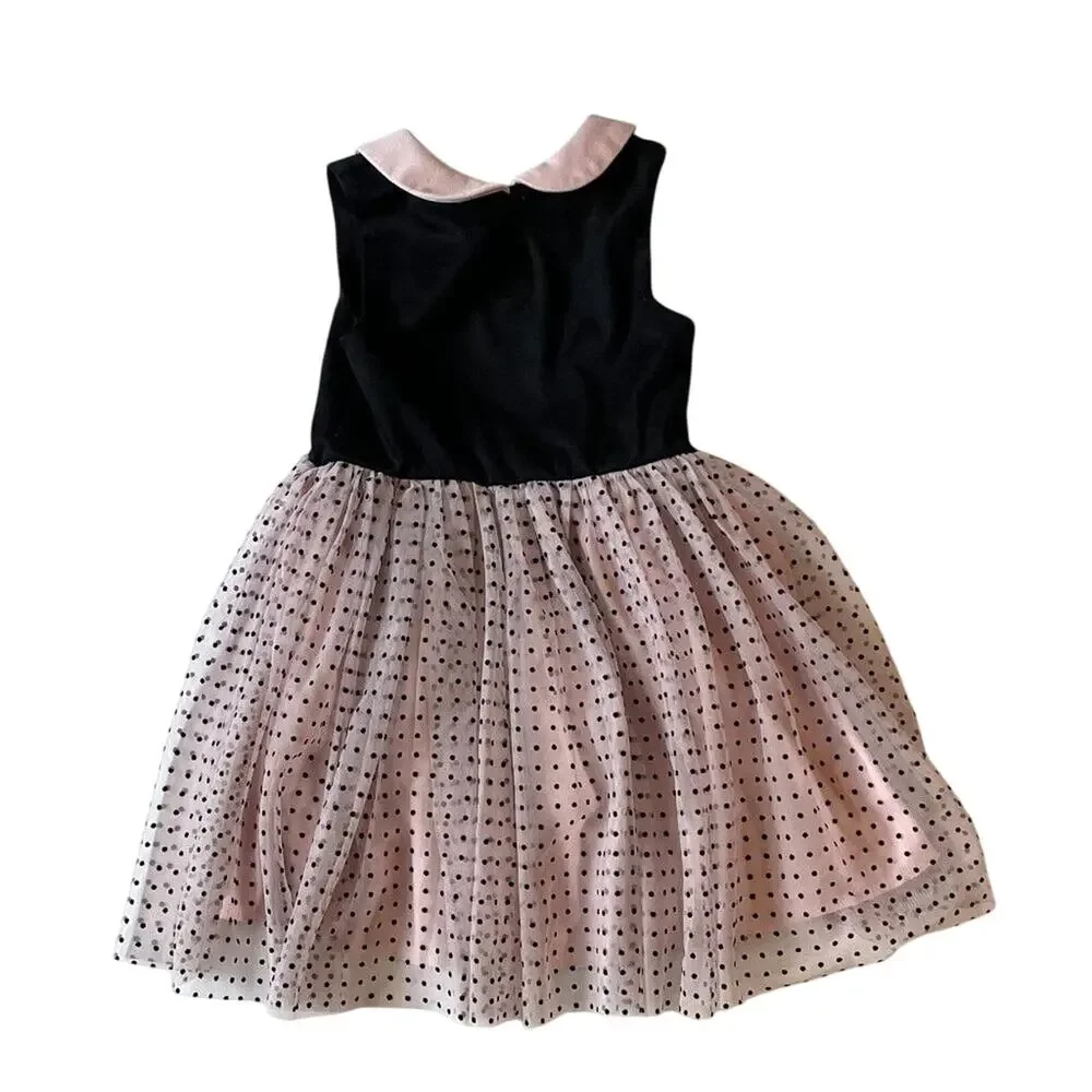 Black & Pink Polka Dot Party Dress, Tulle Flower, Sleeveless, Collared 3T